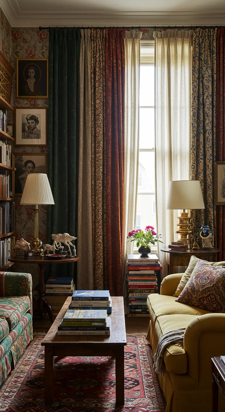 Gelaagde gordijnen met verschillende patronen en kleuren in een eclectische woonkamer.