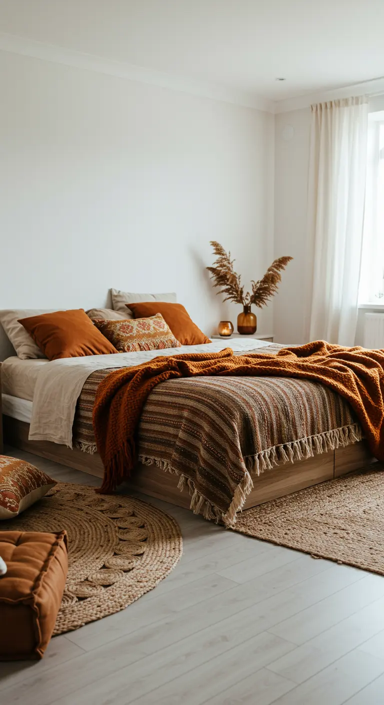 Slaapkamer met bed in aardetinten, gelaagde plaids, jute vloerkleed en gedroogde pluimen.