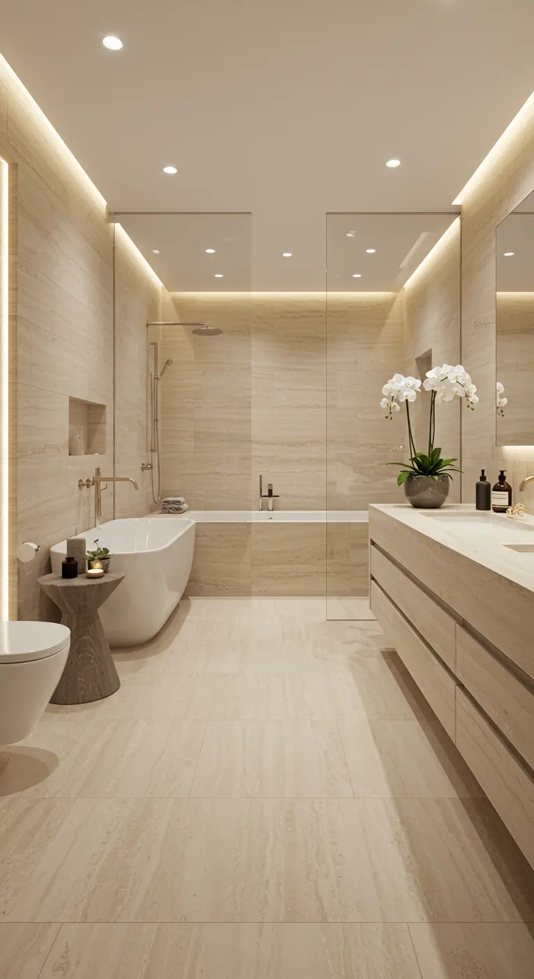 Luxe badkamer met grote crèmekleurige tegels, gelaagde verlichting en zwevend meubel.