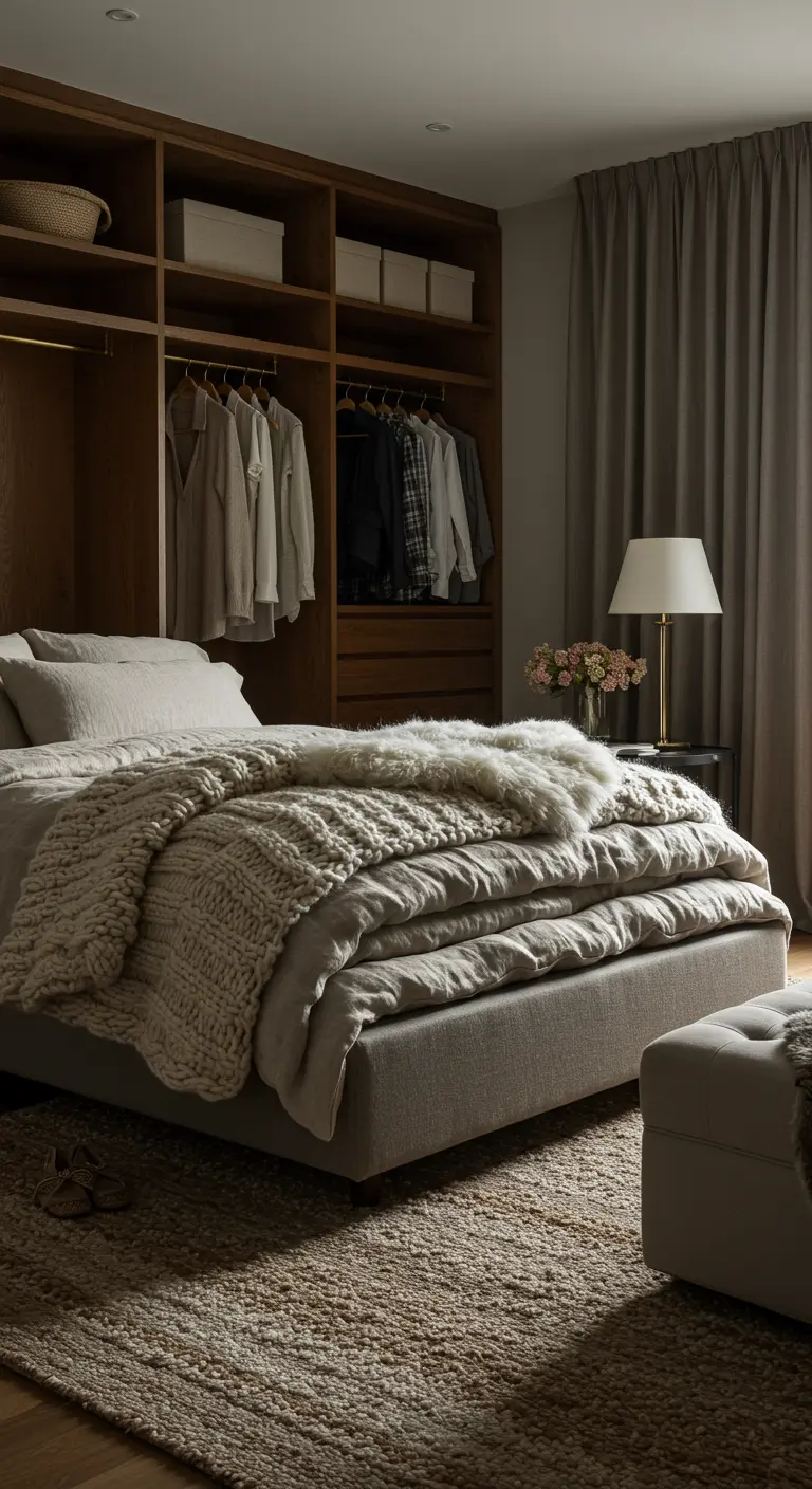 Warme slaapkamer met donkerhouten open kast en een bed met veel gelaagd textiel.