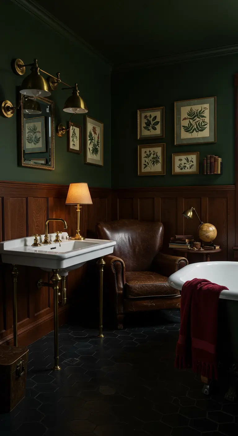 Klassieke badkamer met donkergroene muren, houten lambrisering en leren fauteuil.