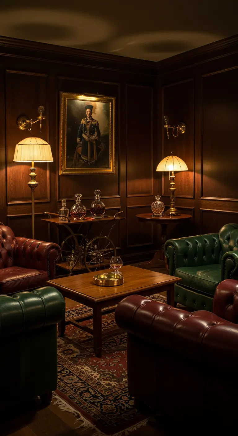 Herenkamer met houten lambrisering, leren fauteuils en antieke lampen.