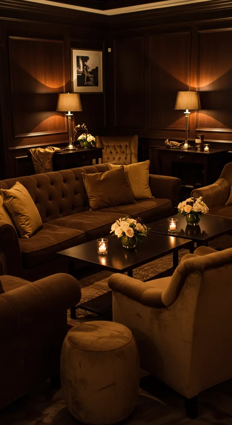 Donkere, luxe loungehoek met bruine fluwelen banken, houten lambrisering en kaarslicht.