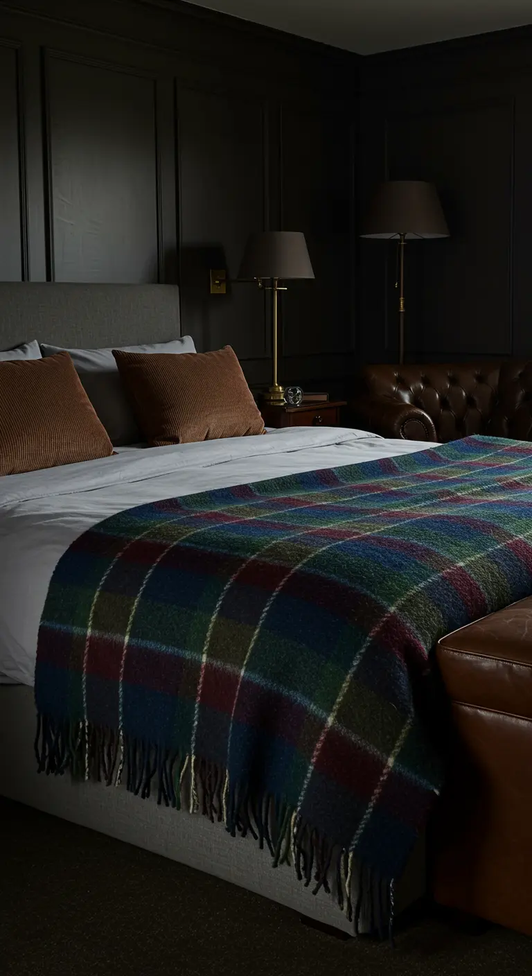 Donker bed met Schotse ruit sprei, bruine corduroy kussens in een schemerige kamer.