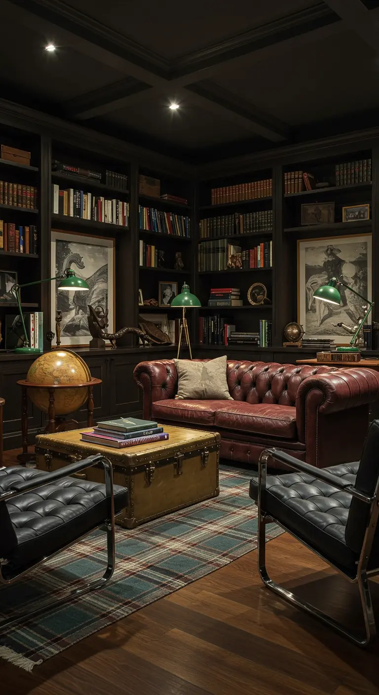 Klassieke woonkamer met donkere boekenkasten, lederen chesterfield bank en vintage koffer als tafel.