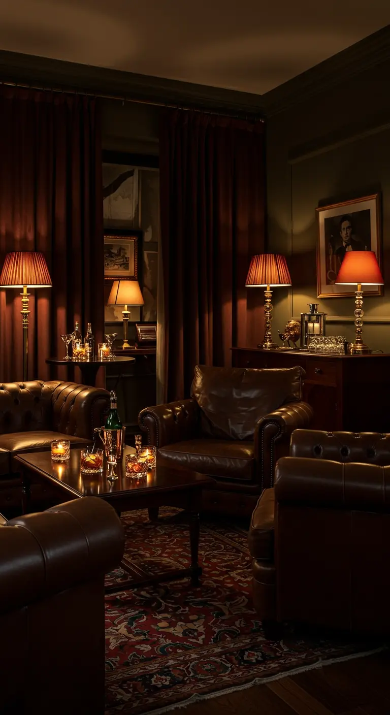 Donkere, luxe kamer met leren fauteuils, schemerlampen en whiskybar.