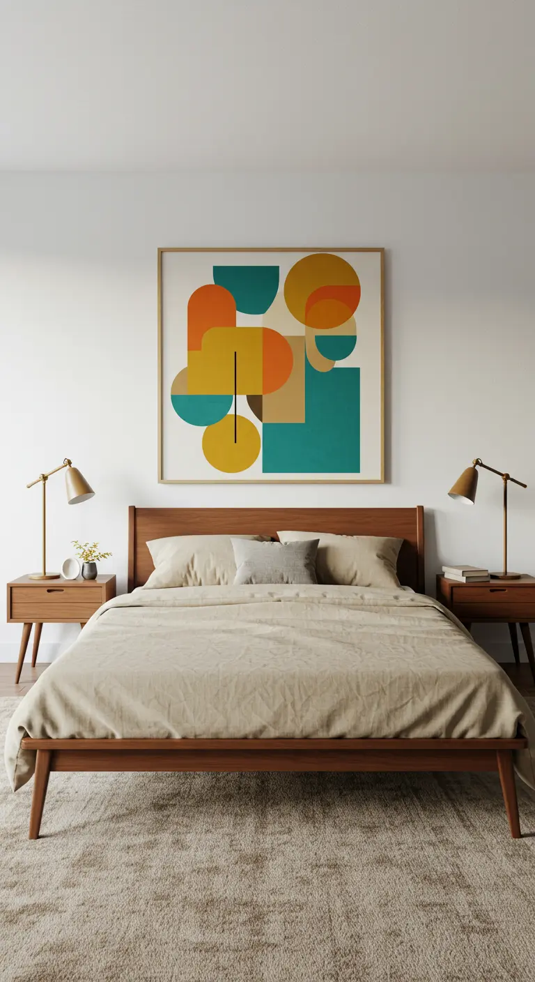 Slaapkamer met walnoothouten bed, beige beddengoed en groot abstract geometrisch kunstwerk.