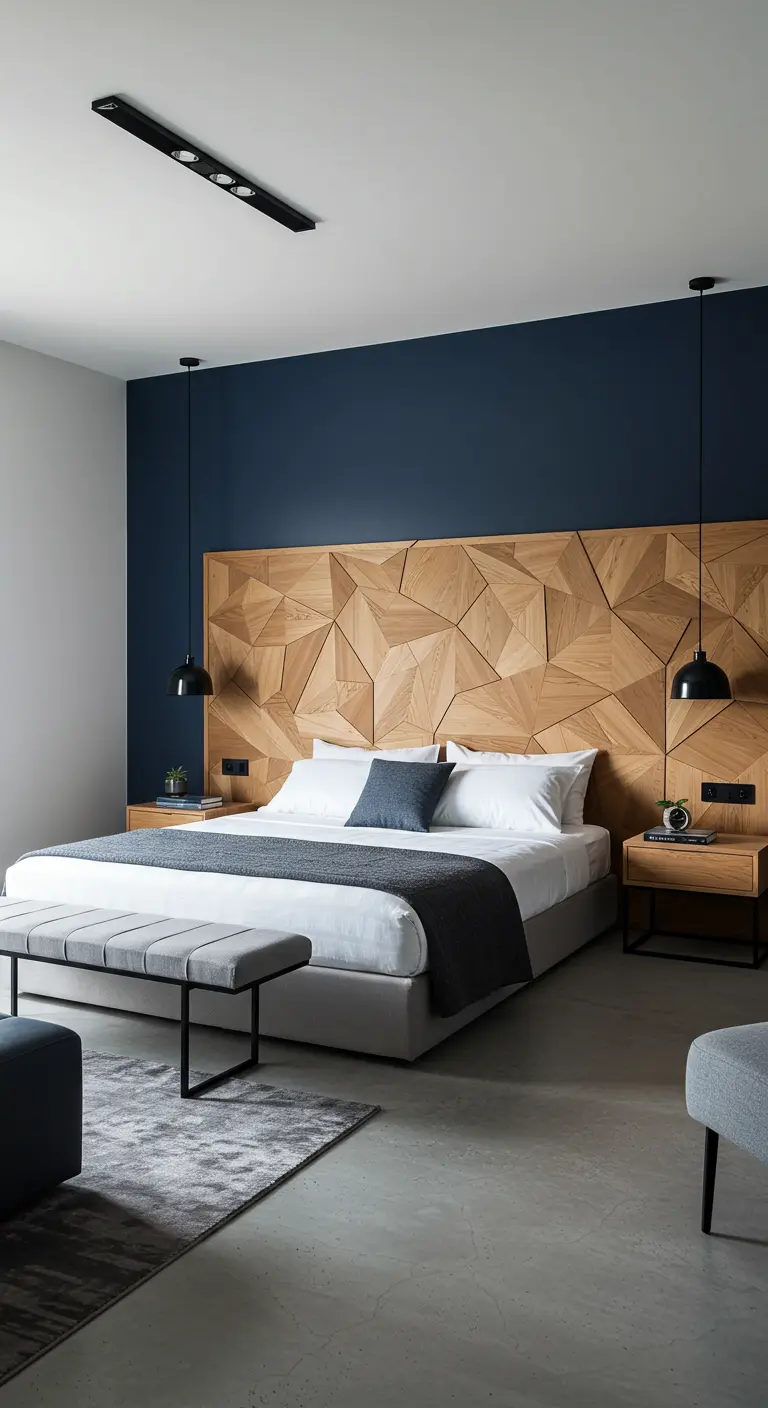 Moderne slaapkamer met geometrisch houten hoofdbord, donkerblauwe accentmuur.
