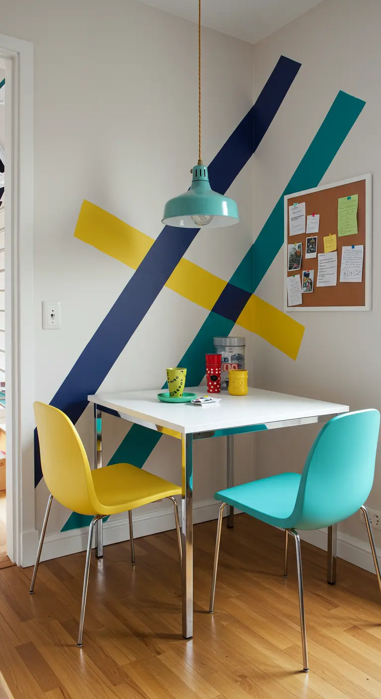 Vrolijke eethoek met geometrische muurschildering, witte tafel en felgekleurde stoelen.