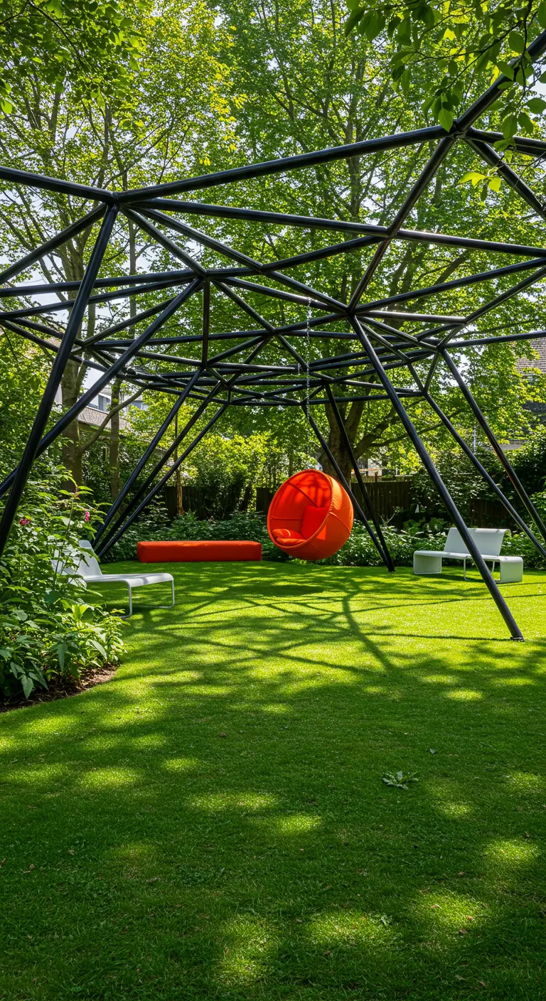 Fel oranje bolvormige hangstoel in een groot, zwart geometrisch metalen koepelframe op een grasveld.