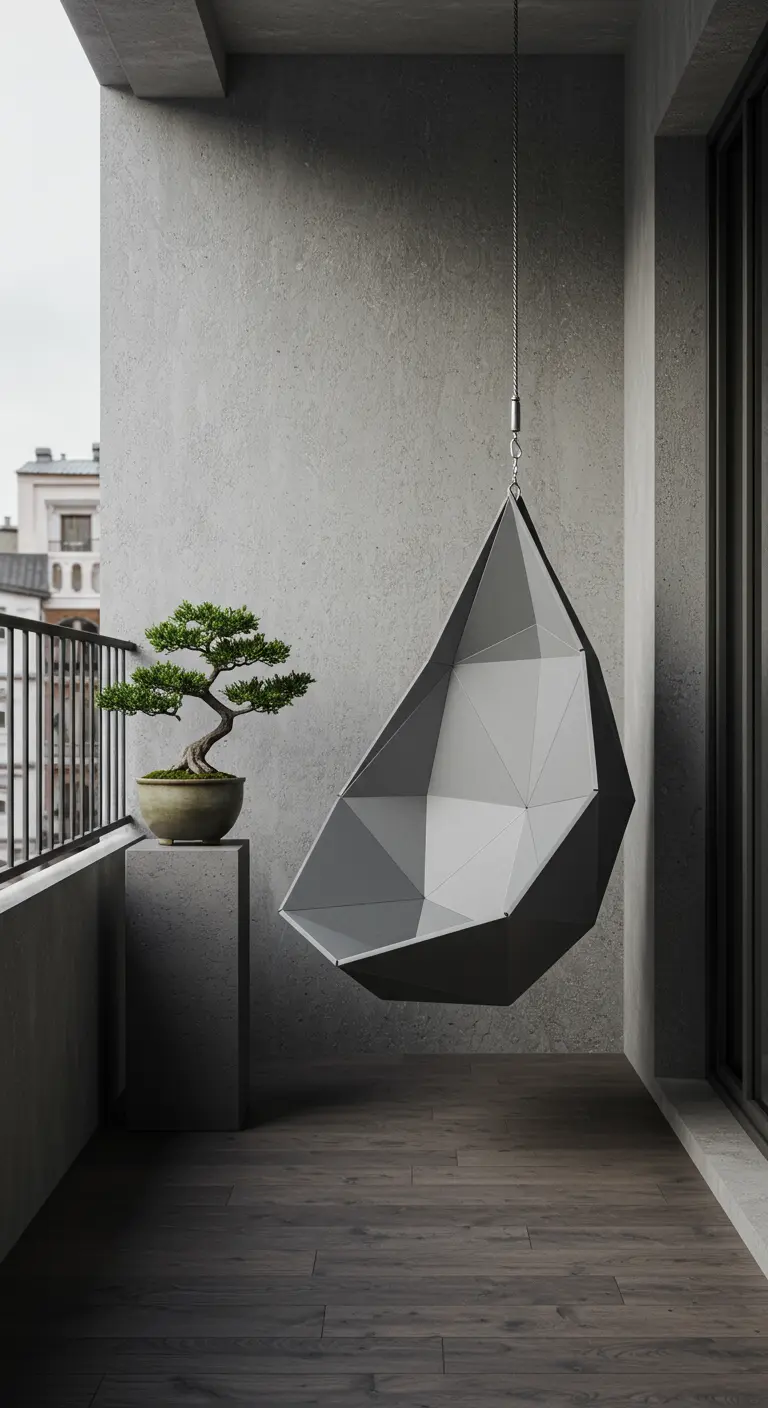 Moderne, geometrische grijze hangstoel naast een bonsai op een minimalistisch balkon.