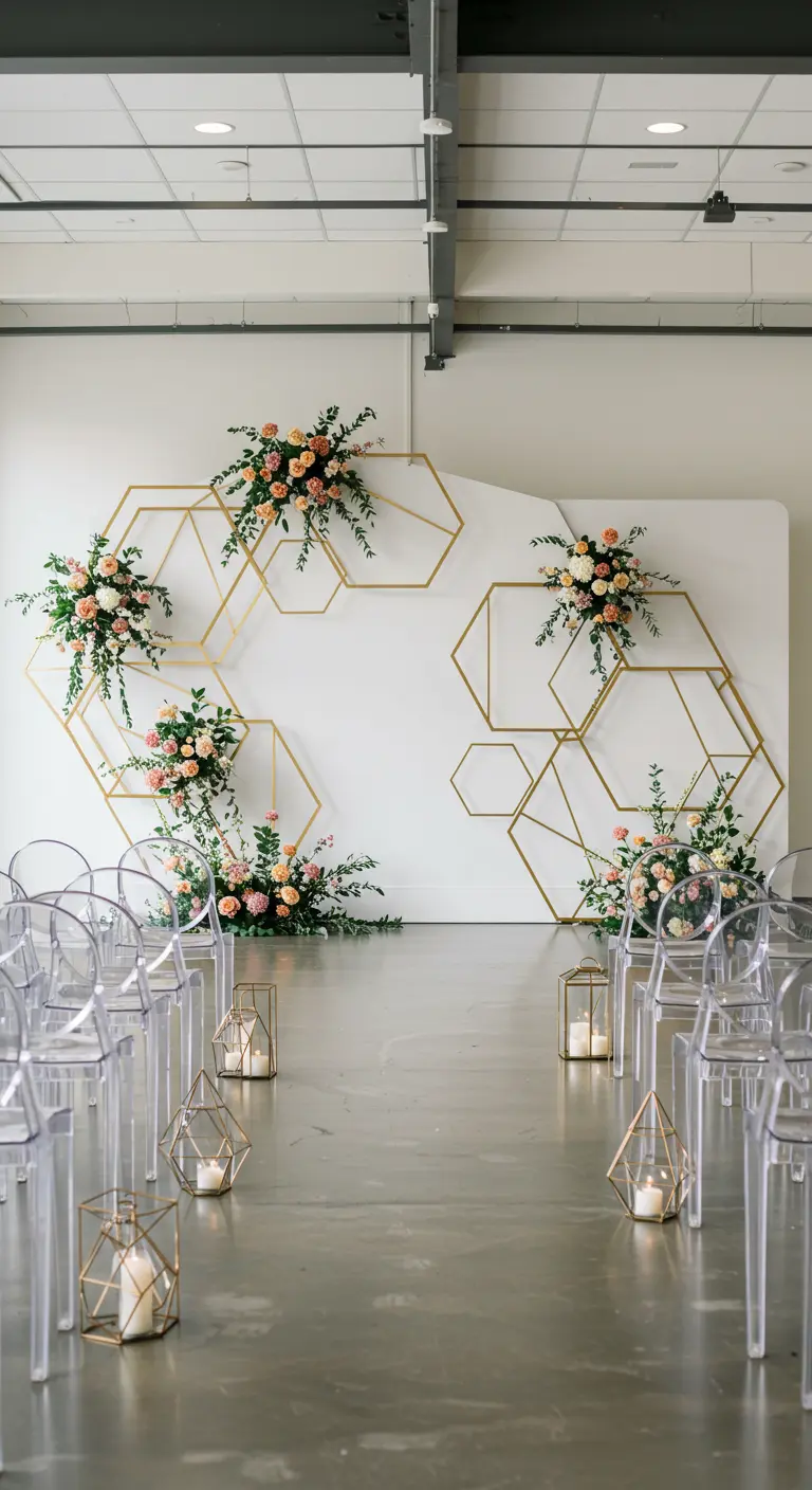 Moderne ceremonie-backdrop met gouden geometrische frames en zachte bloemen.