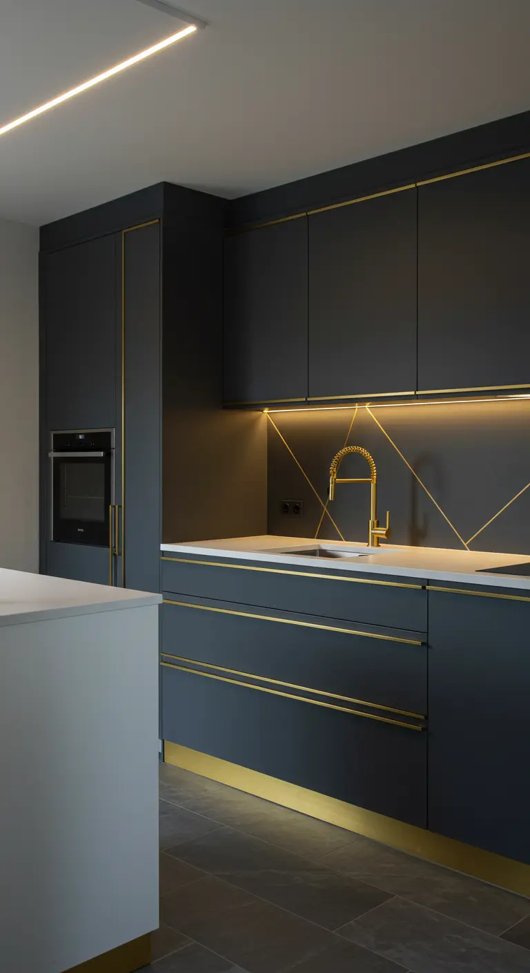 Donkergrijze keuken met gouden geometrische lijnen op de achterwand, gouden kraan en gouden handgrepen.