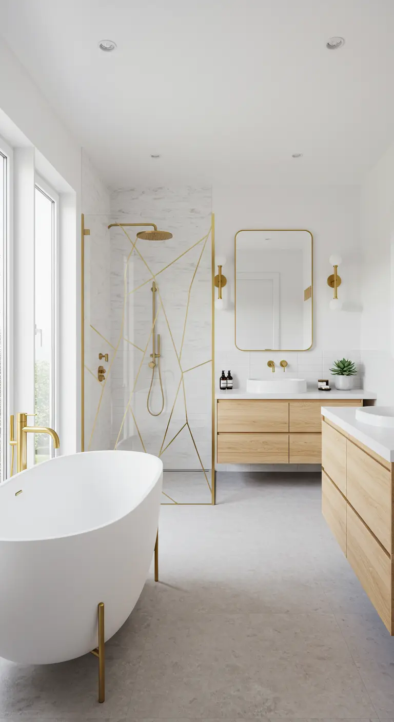 Witte badkamer met houten meubels, gouden kranen en geometrische gouden lijnen op de douchewand.