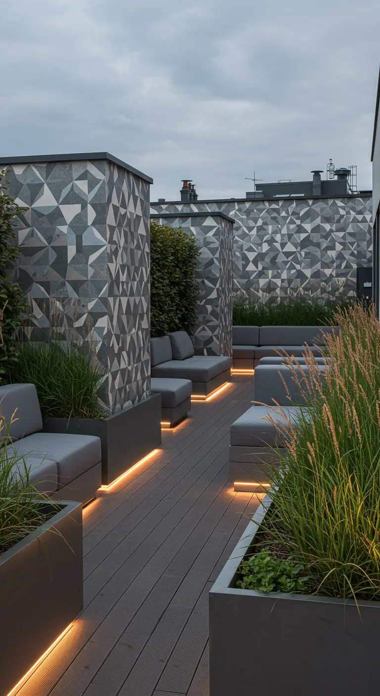 Dakterras met geometrisch buitenbehang op muren, loungebanken en verlichte plantenbakken.
