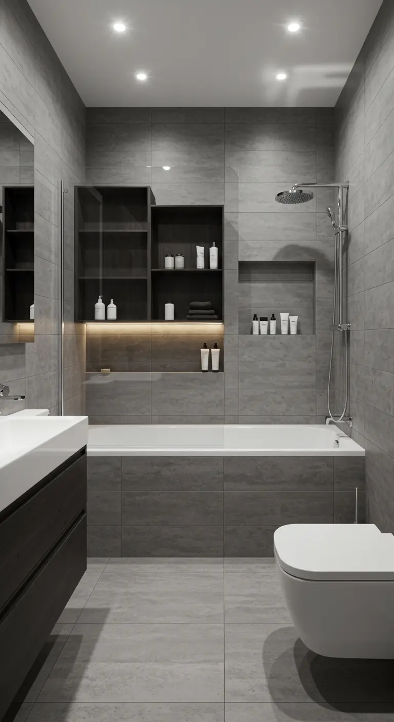 Moderne grijze badkamer met ligbad, inbouw kasten en nis in de douche.