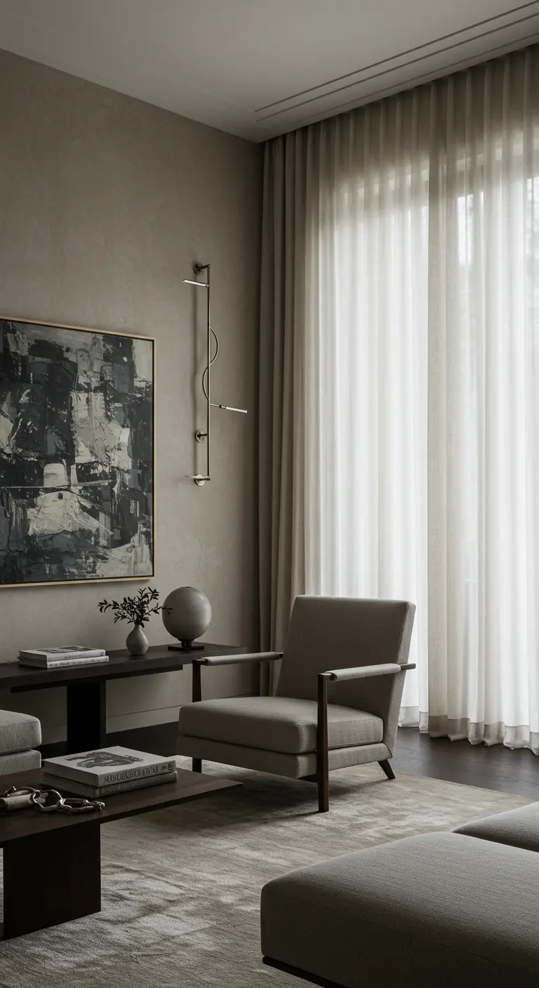 Elegante woonkamer in neutrale tinten met lichte, transparante gordijnen en moderne kunst.