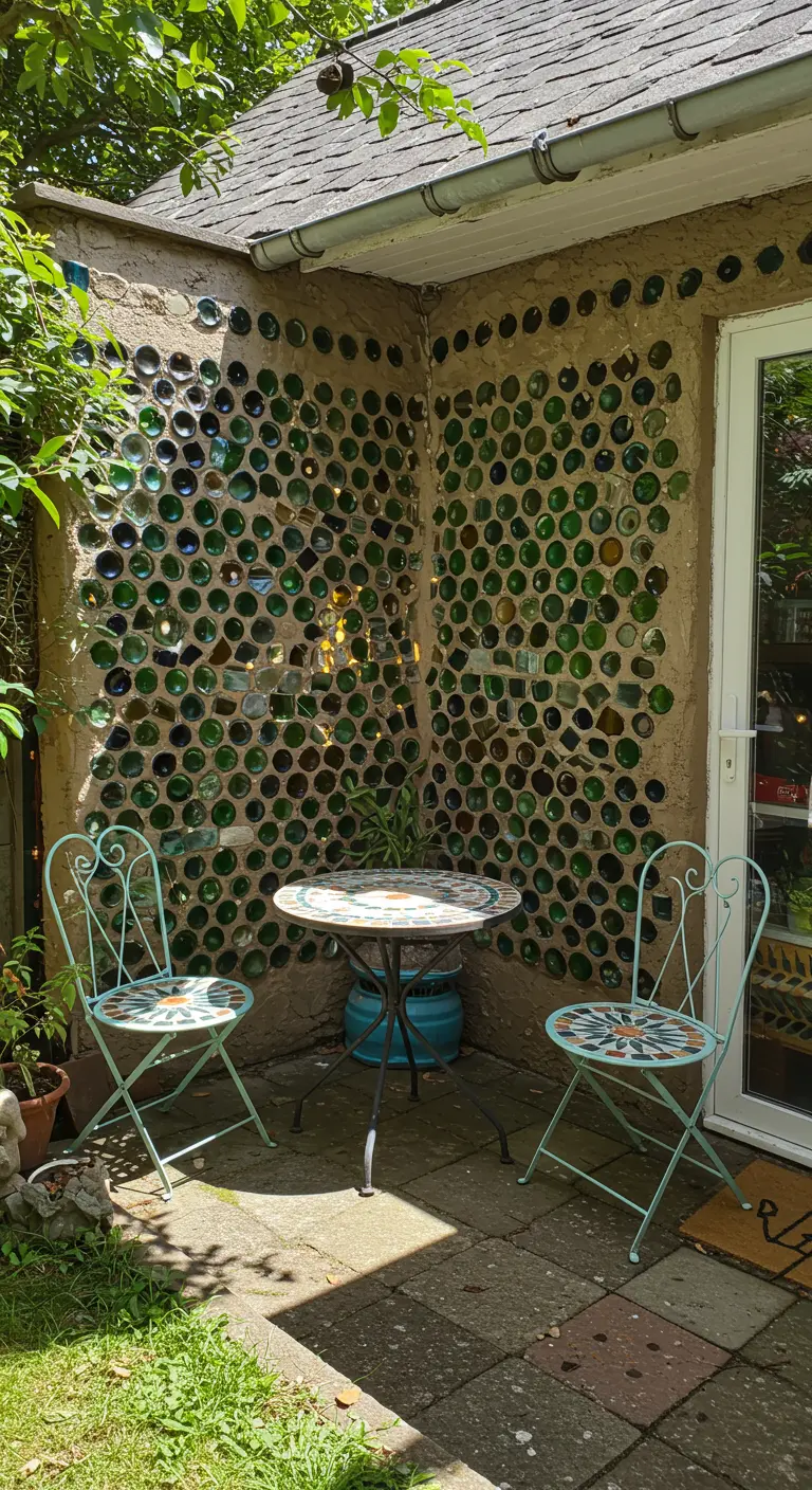Buitenmuur opgebouwd uit gerecyclede flessenbodems, die een mozaïekpatroon vormen.