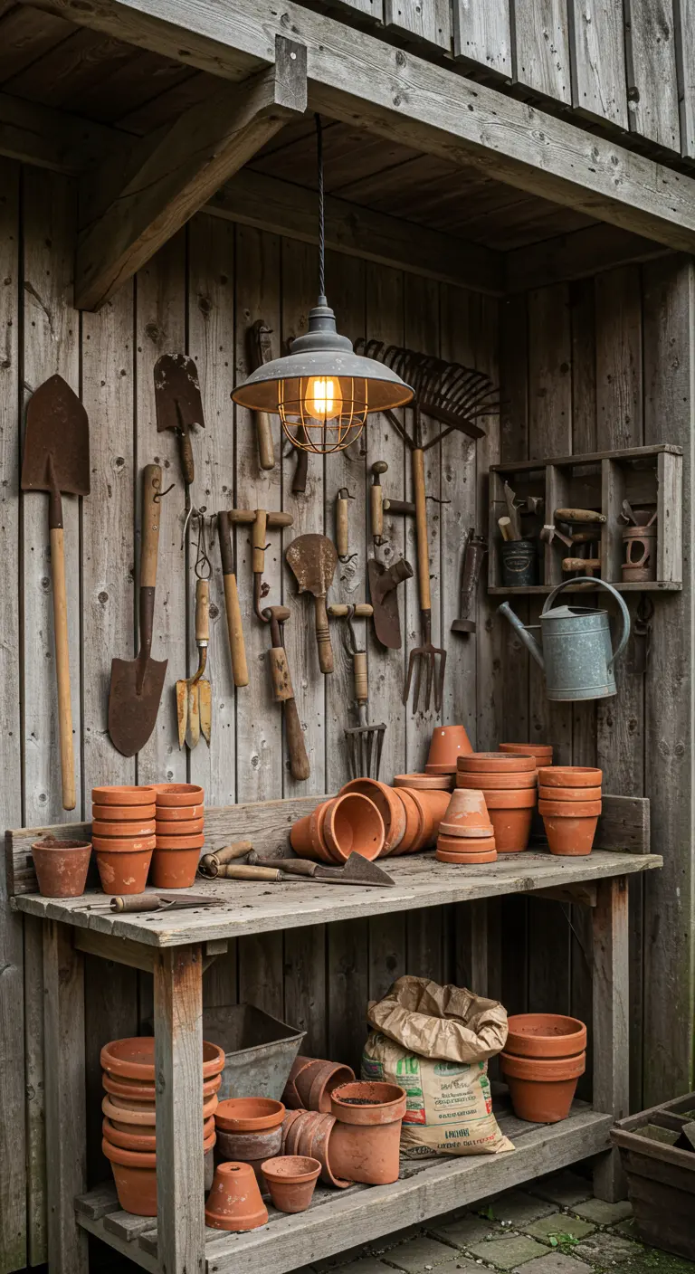 Landelijke houten wand met opgehangen tuingereedschap en terracotta bloempotten op een werkbank.