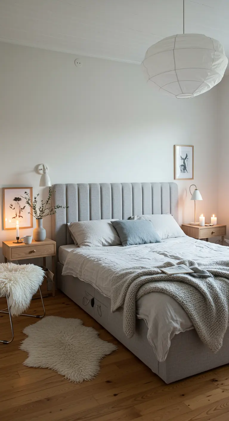 Slaapkamer met hoog grijs geribbeld stoffen hoofdbord, houten nachtkastjes en zachte plaids.