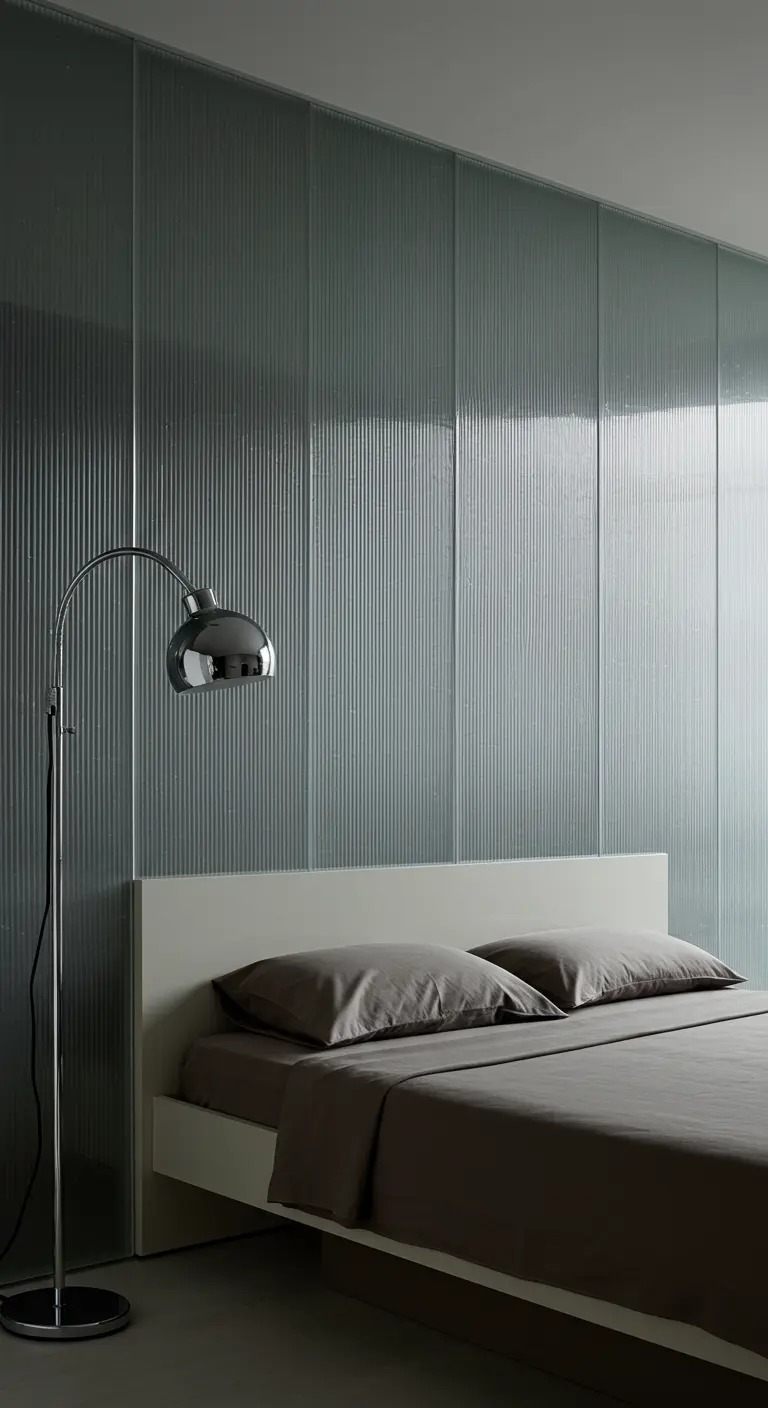Moderne slaapkamer met een accentmuur van geribbeld glas achter het bed.