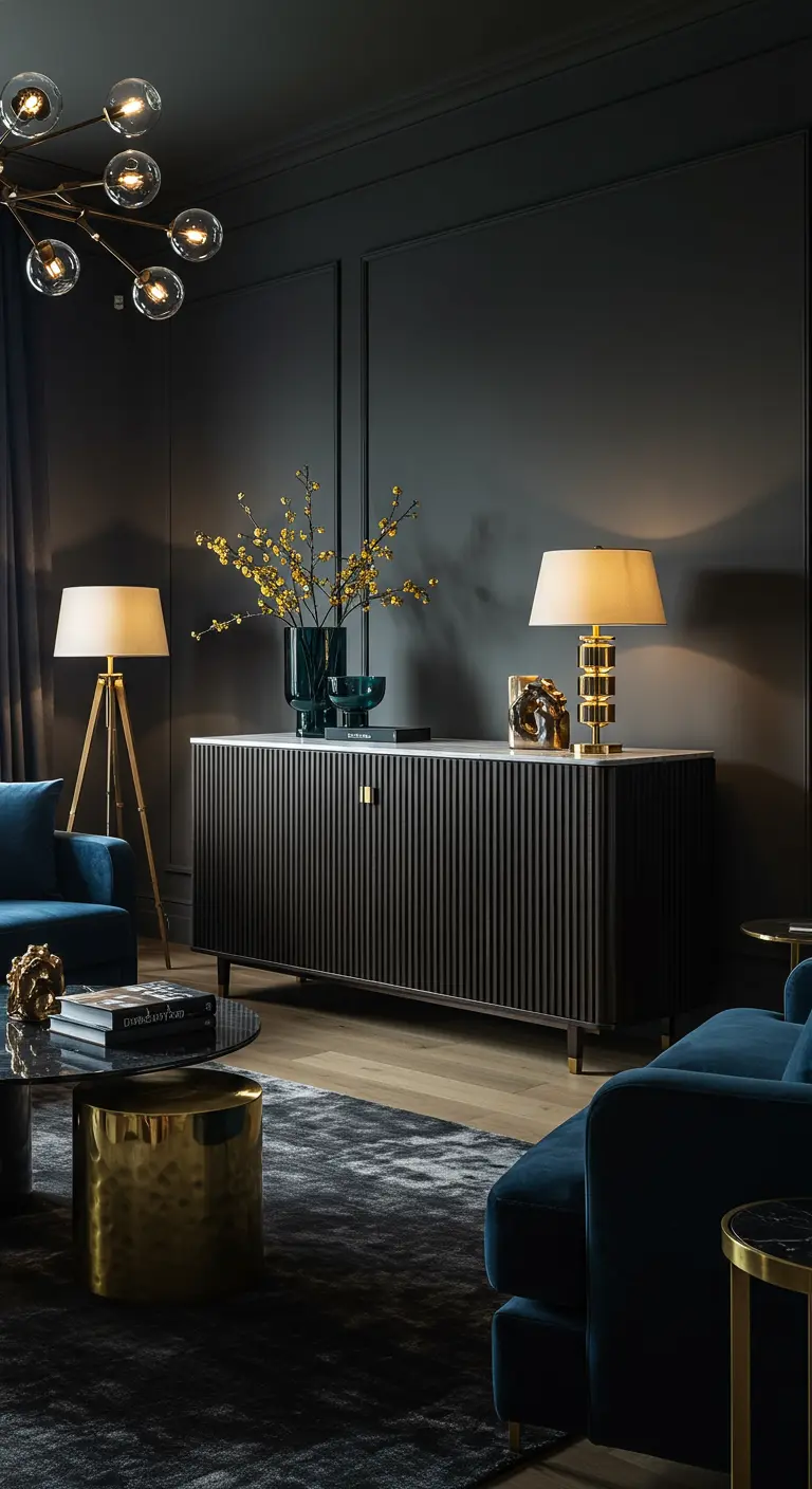 Chique, donkere woonkamer met een geribbeld donkerblauw dressoir en gouden accenten.