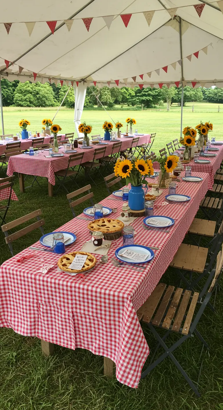 Picknicktafel met rood-wit geblokt kleed, zonnebloemen in blauwe kannen en taart.
