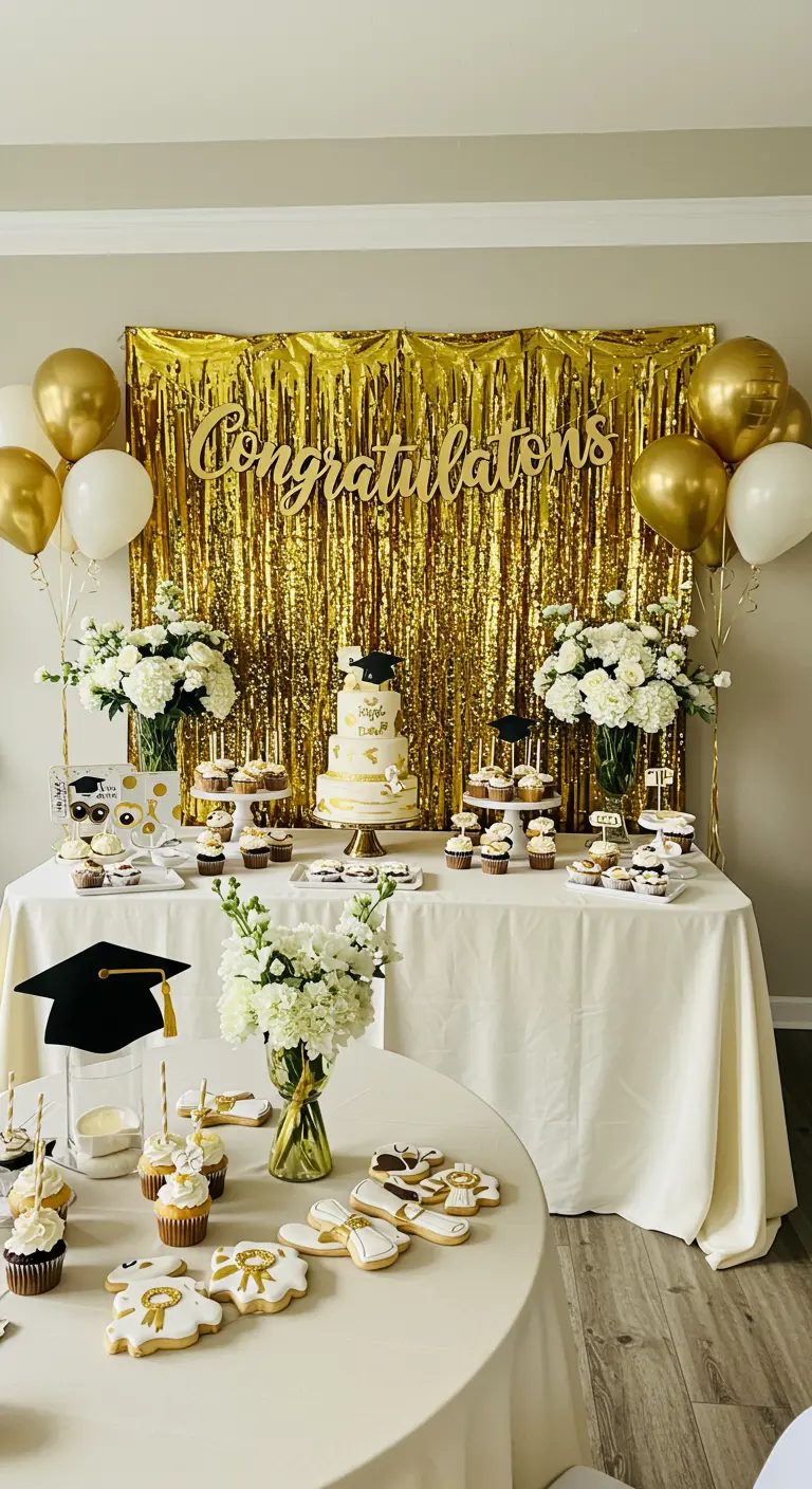 Afstudeerfeest desserttafel met gouden franjegordijn, ballonnen, taart en 'Congratulations' slinger.