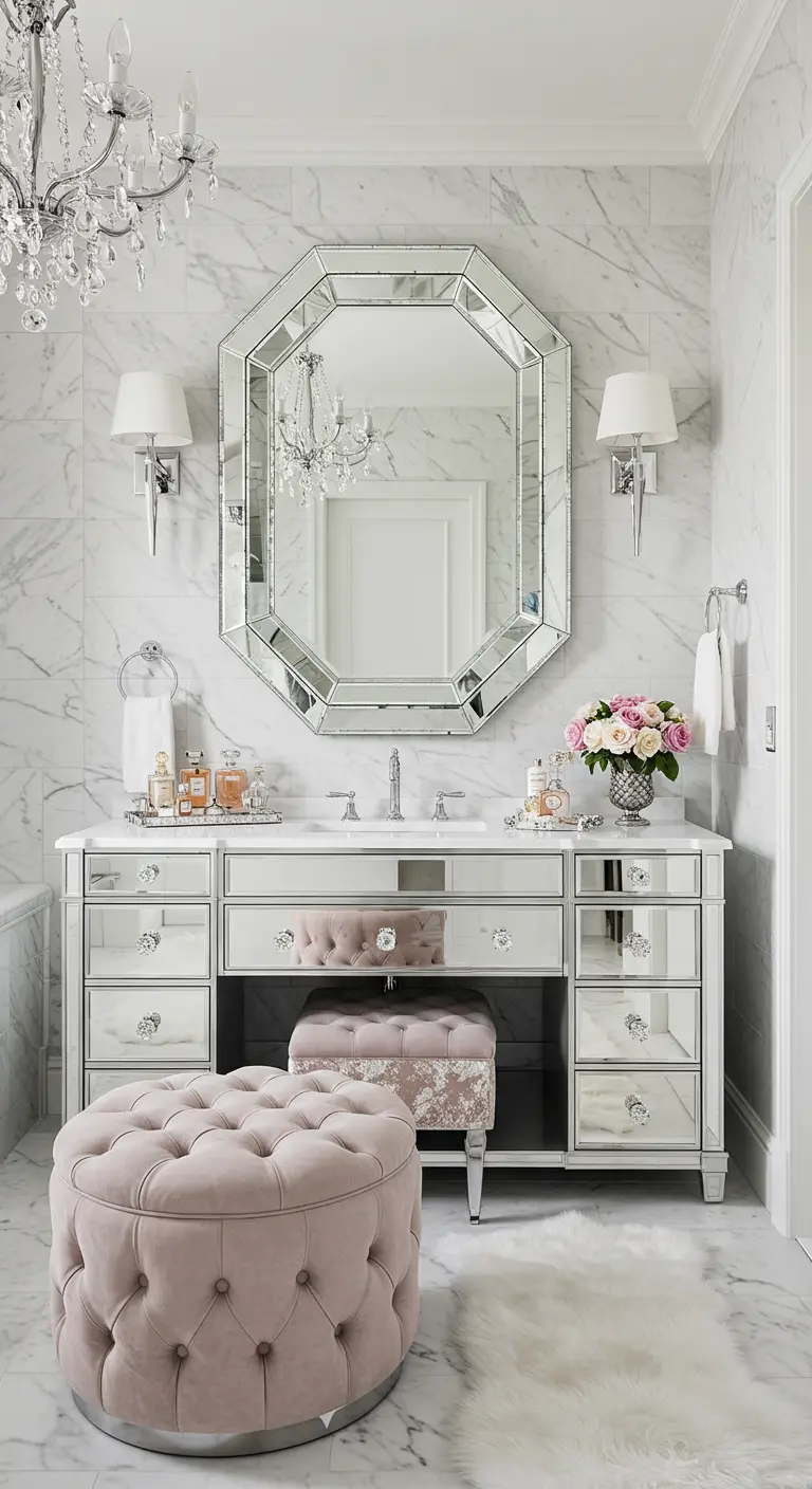 Luxe badkamer met een grote octagonale spiegel met facetranden boven een gespiegeld meubel.