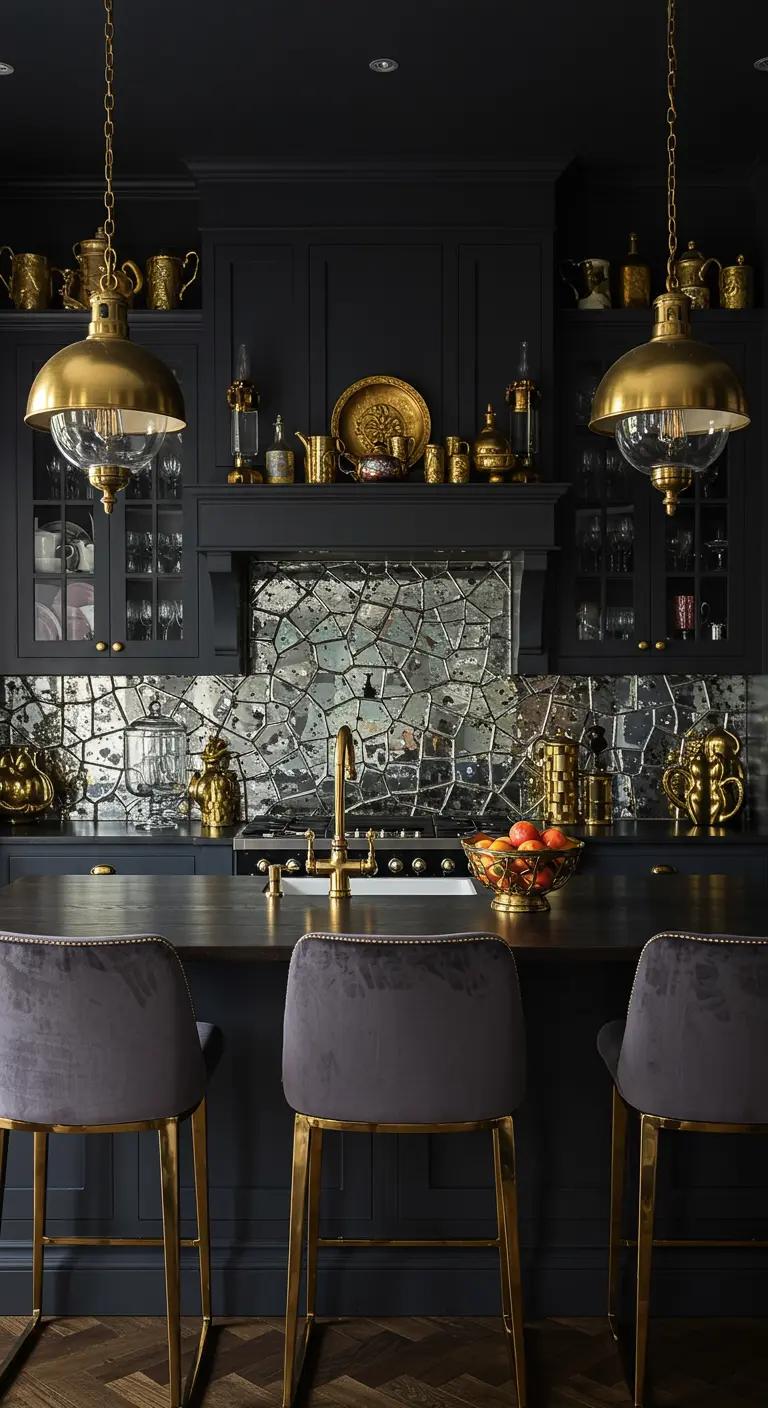Luxe donkere keuken met gebroken spiegel-tegels als backsplash en gouden accenten.