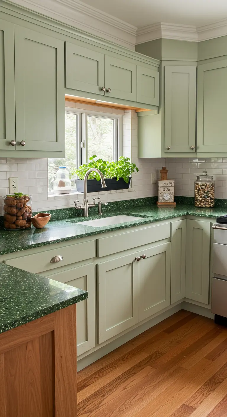 Lichtgroene keuken met een groen gespikkeld terrazzo-achtig aanrechtblad en kruiden in het raam.
