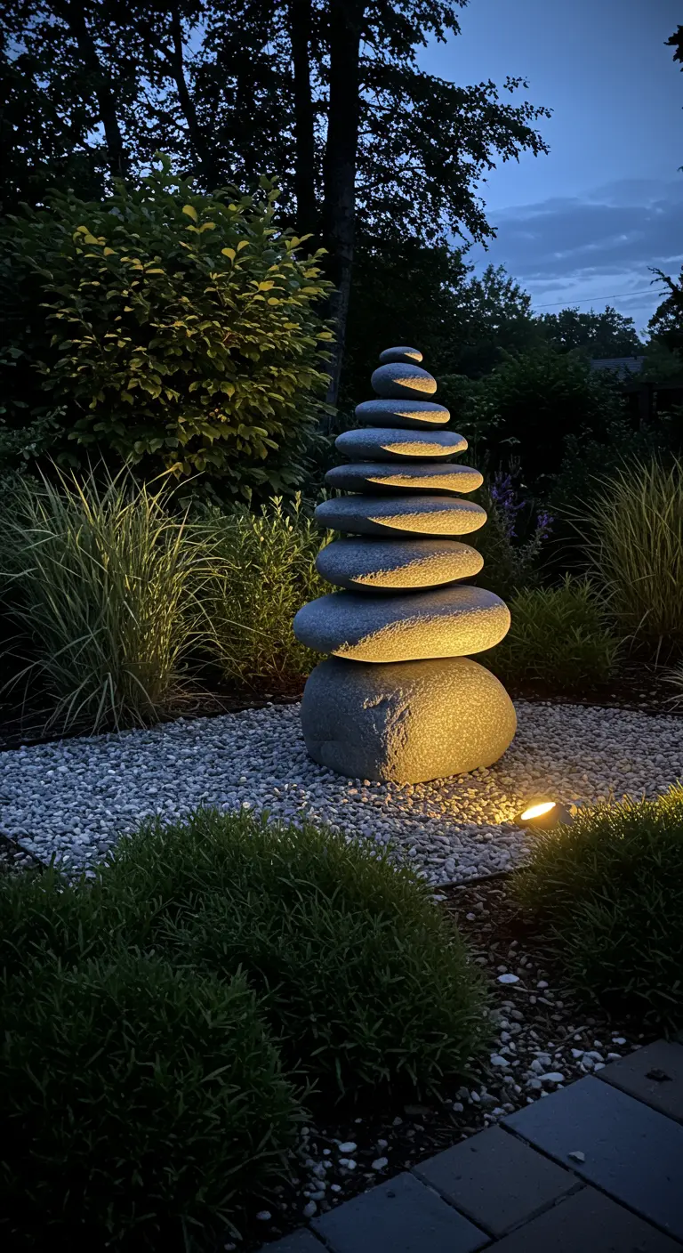Gestapelde stenen sculptuur (cairn) in tuin, 's avonds verlicht.