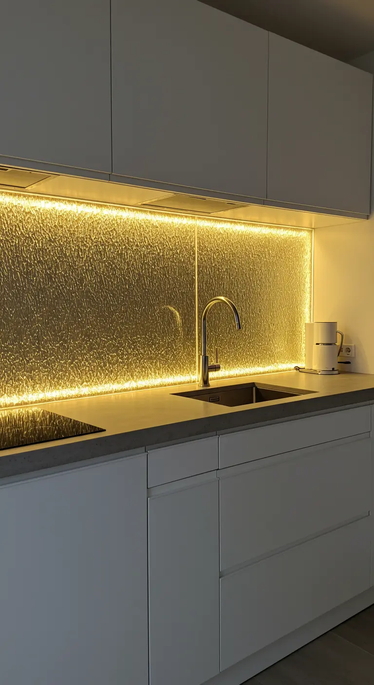 Moderne witte keuken met een getextureerde, goudgele glazen achterwand en warm LED-licht.