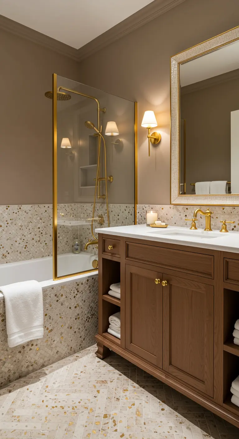 Warme badkamer met gespikkelde tegels, houten meubel, gouden douchewand en kranen.