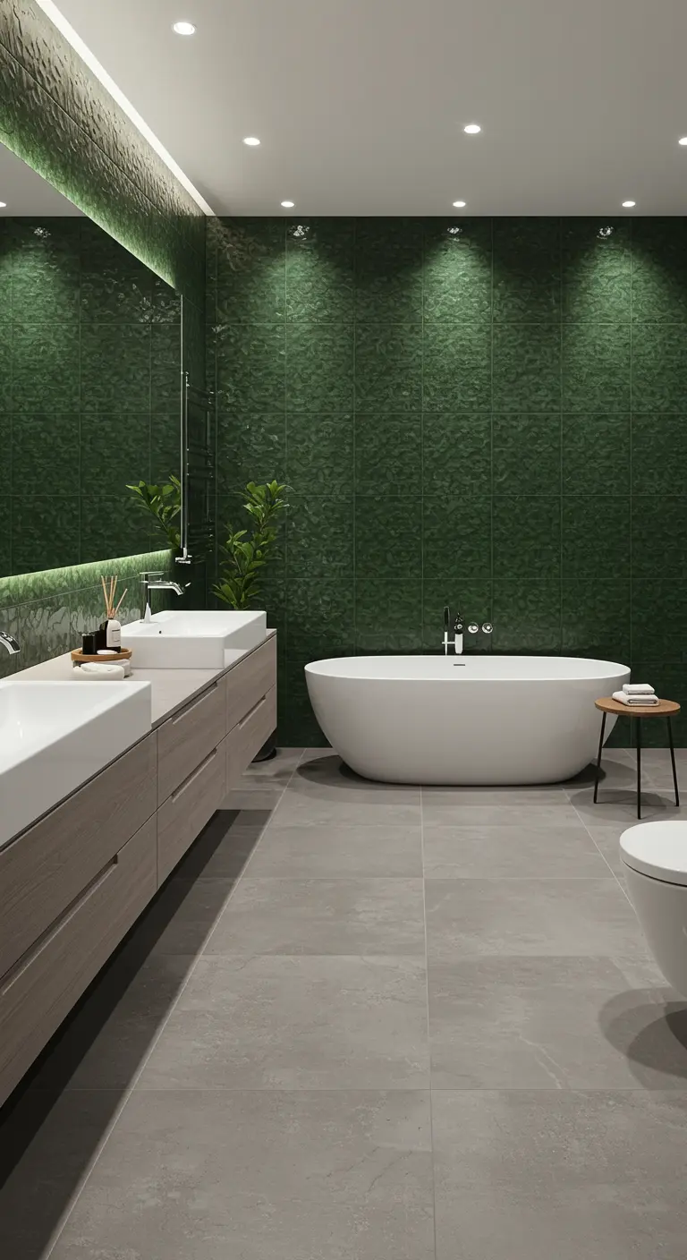 Moderne badkamer met donkergroene getextureerde wand, vrijstaand bad en houten meubel.