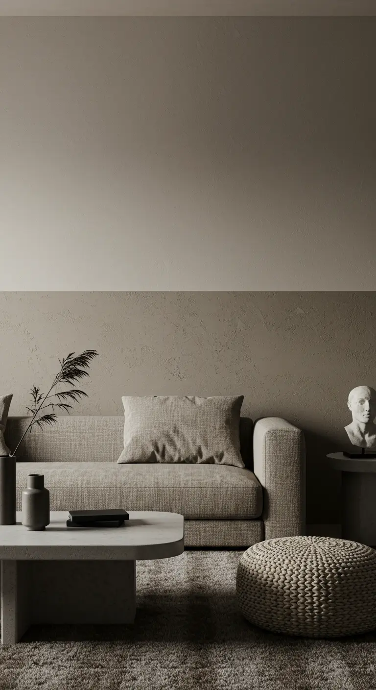 Minimalistische woonkamer met grijsbeige ondermuur met textuur en lichtere bovenmuur.