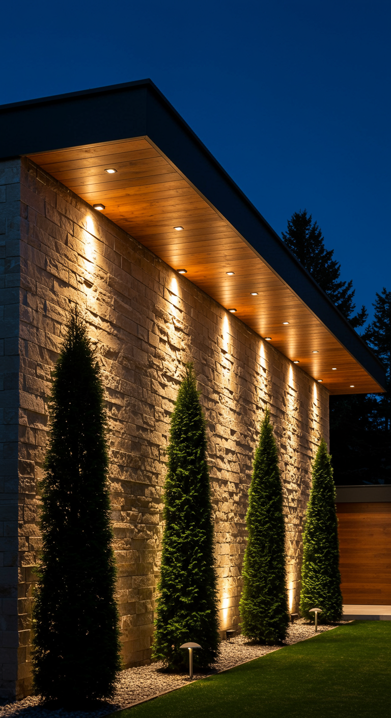 Moderne gevel met natuurstenen muur en coniferen, verlicht door spots.