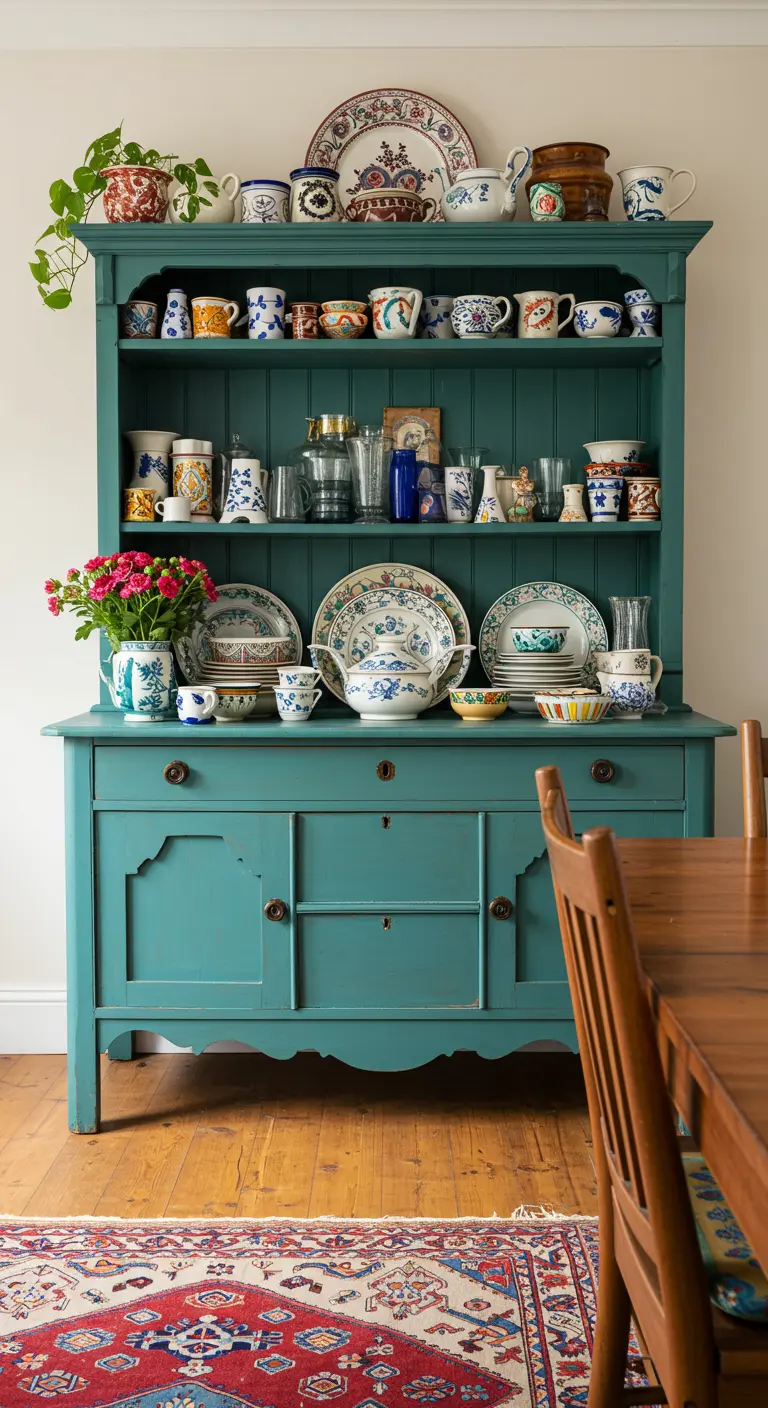 Turquoise geverfde buffetkast vol met kleurrijk en divers servies, glaswerk en planten.