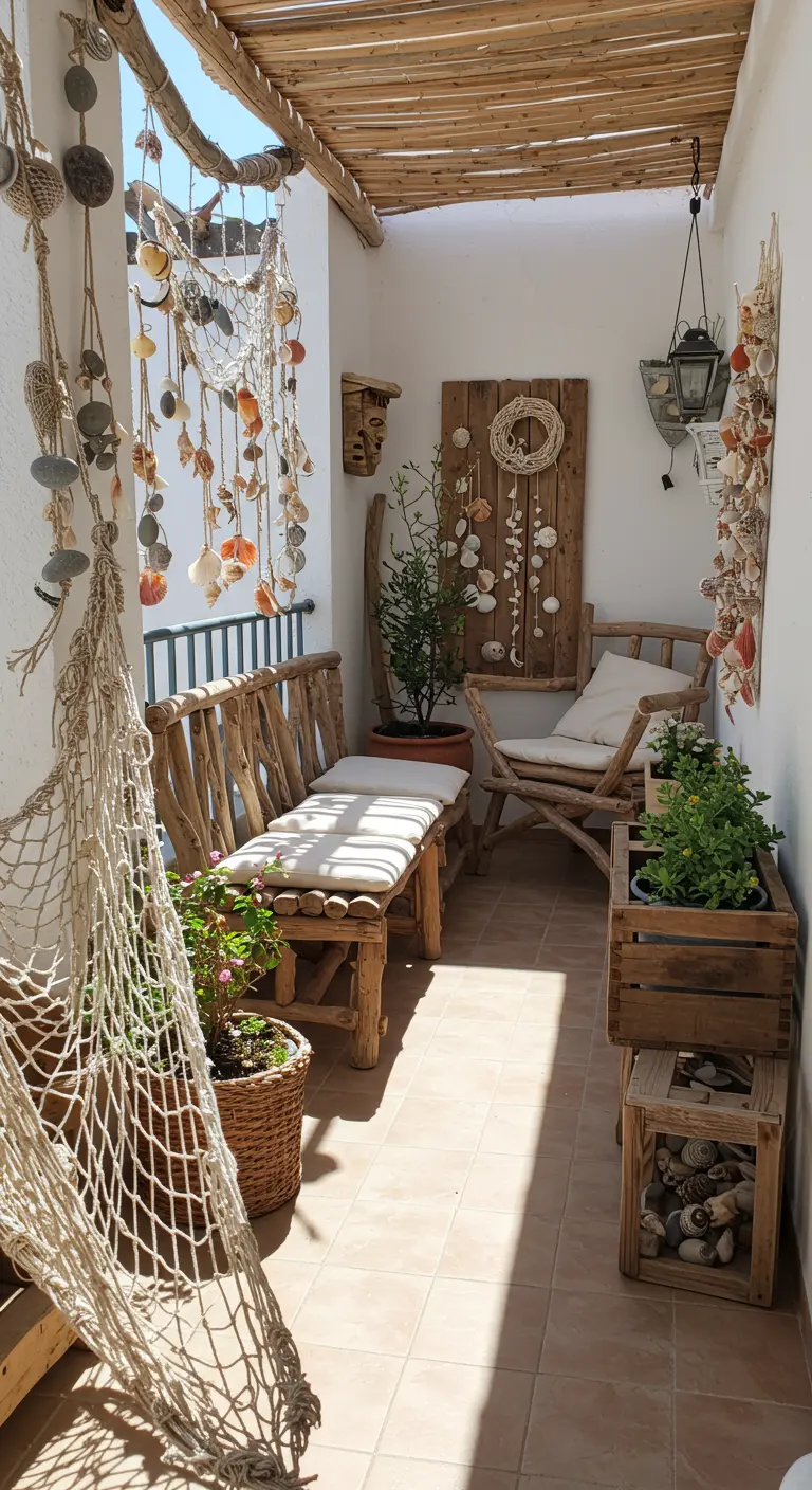 Balkon met houten bankjes, schelpenmobiles, visnet en planten in kratjes.