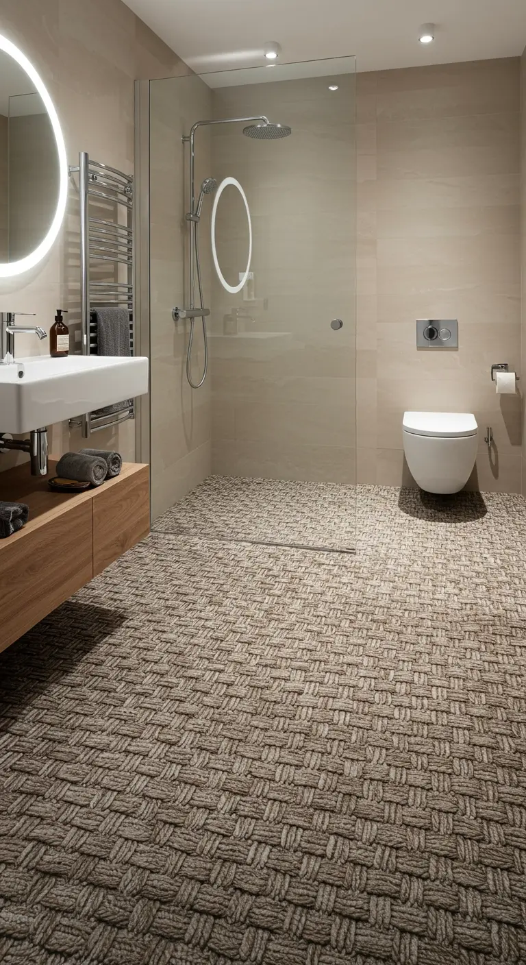 Badkamer met een douchevloer die een beige, geweven touwtextuur heeft.