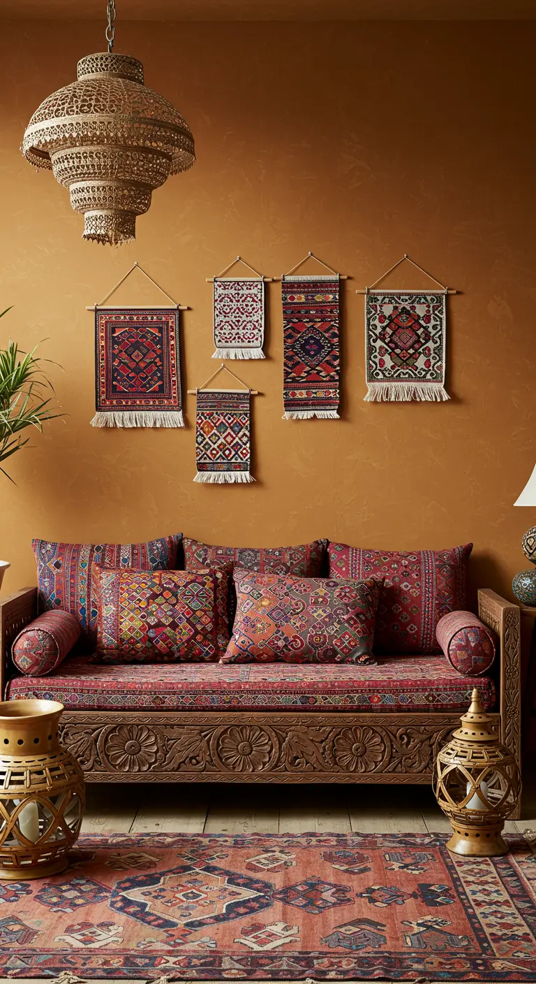 Verzameling kleine kelim tapijtjes als wanddecoratie boven een sofa met etnische kussens.