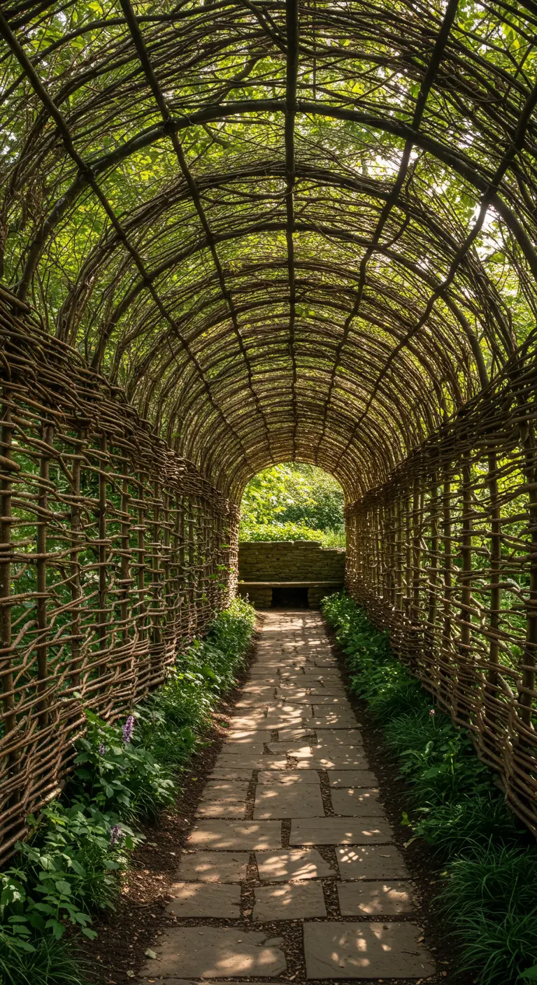Tunnelpad gemaakt van gevlochten wilgentakken, begroeid met groen, stenen pad eronder.