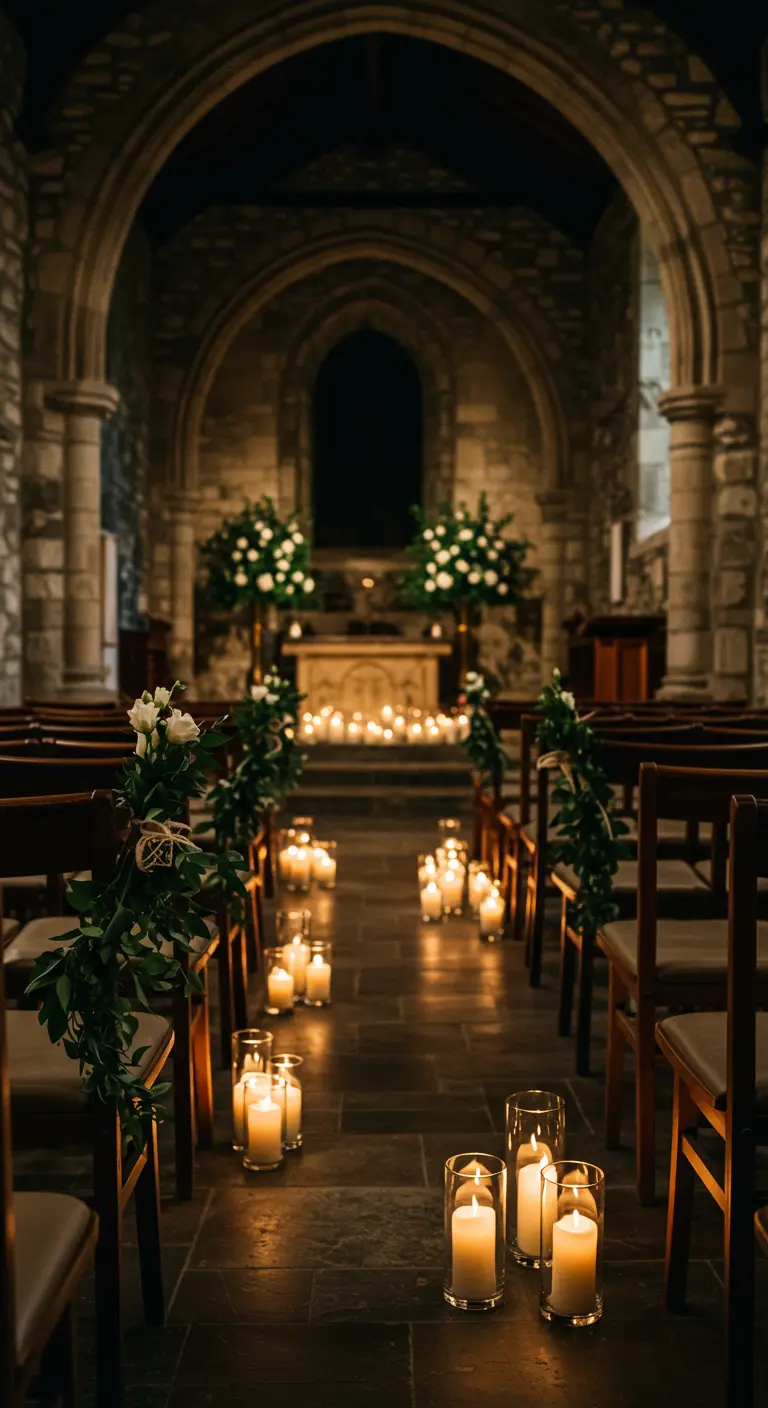 Kerkinterieur met houten stoelen versierd met groenranken en witte bloemen, veel kaarsen langs het gangpad.