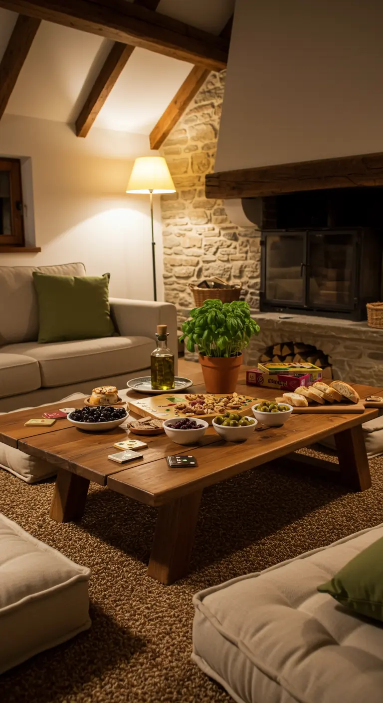 Lage houten tafel met vloerkussens, basilicum, olijfolie en spelletjes bij een open haard.