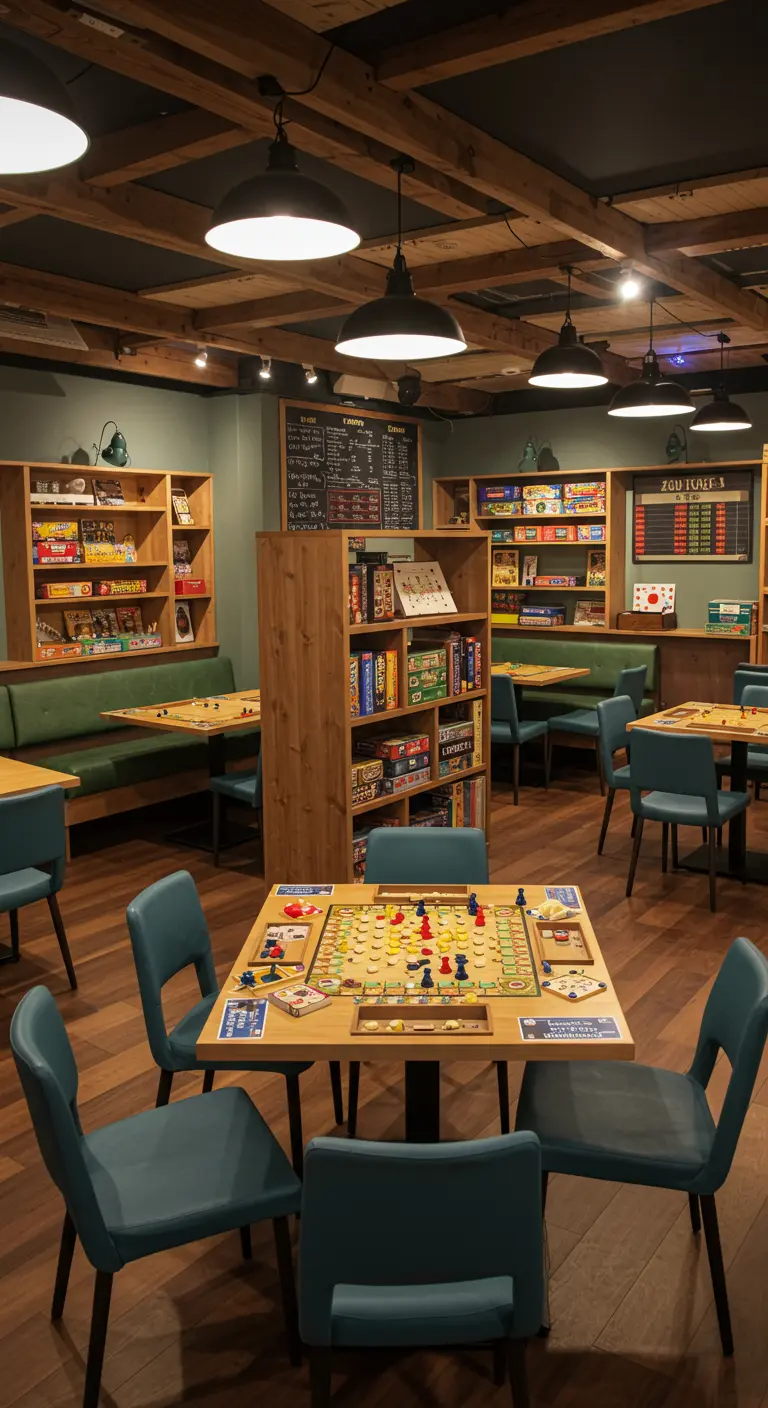 Ruimte ingericht als een bordspelcafé met tafels, stoelen en planken vol spellen.