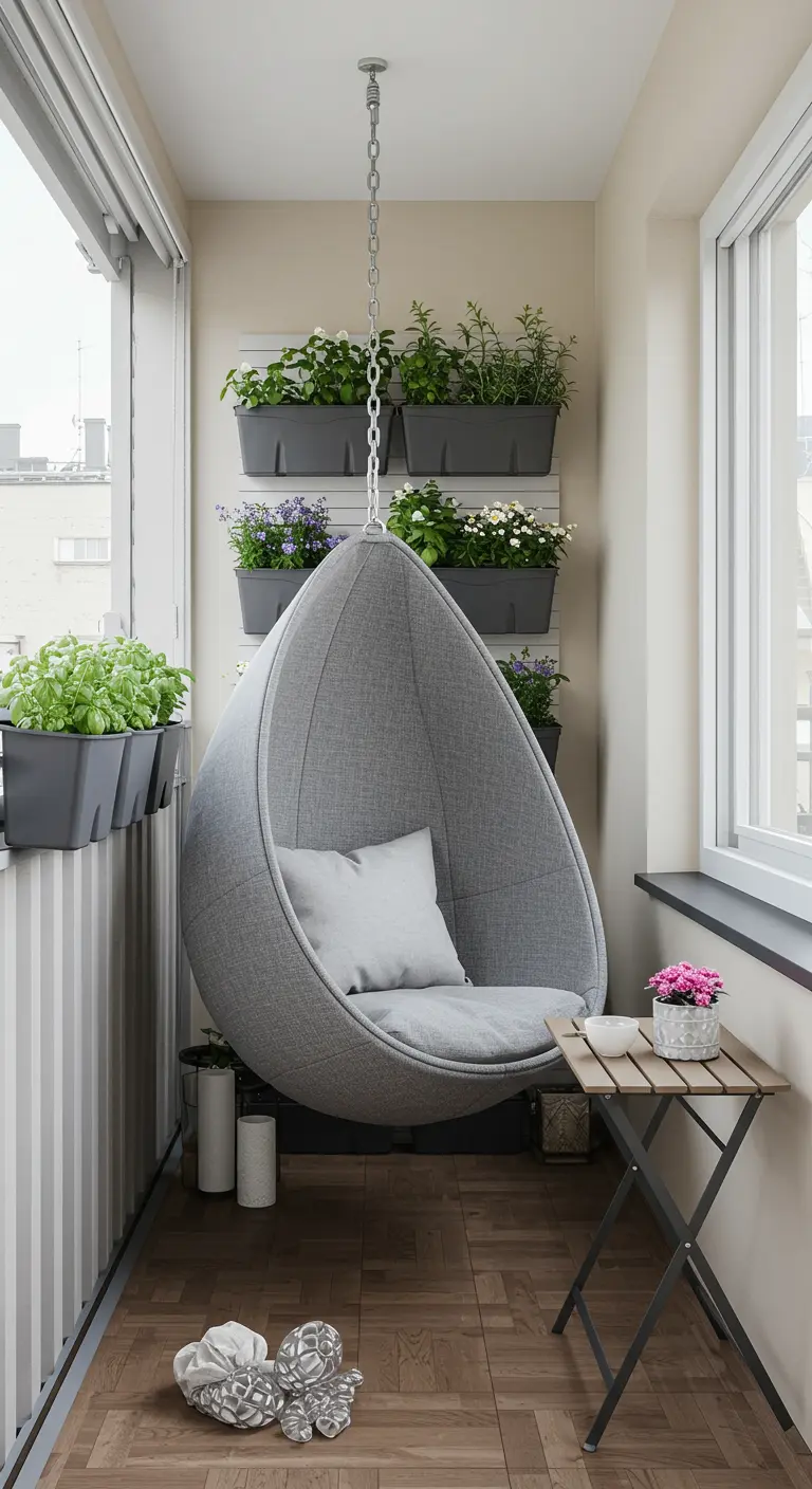 Smalle balkon met grijze stoffen hangstoel en praktische verticale kruidentuin.