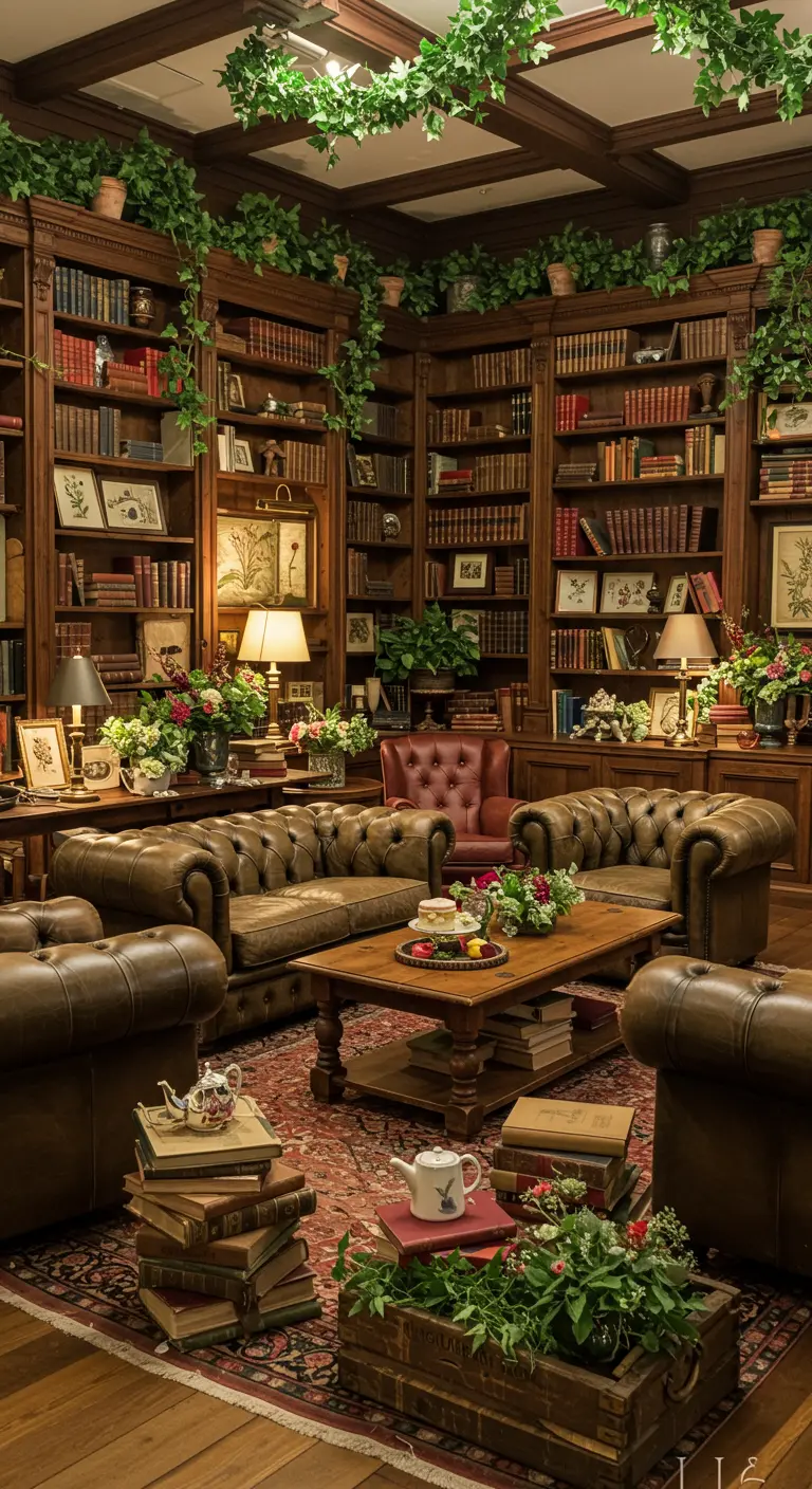 Knusse bibliotheekruimte met houten boekenkasten, leren banken, vloerkleden en groene planten.