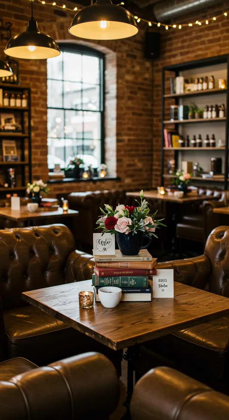 Brasserie receptie met lederen stoelen, houten tafels, boeken en kleine bloemstukken.