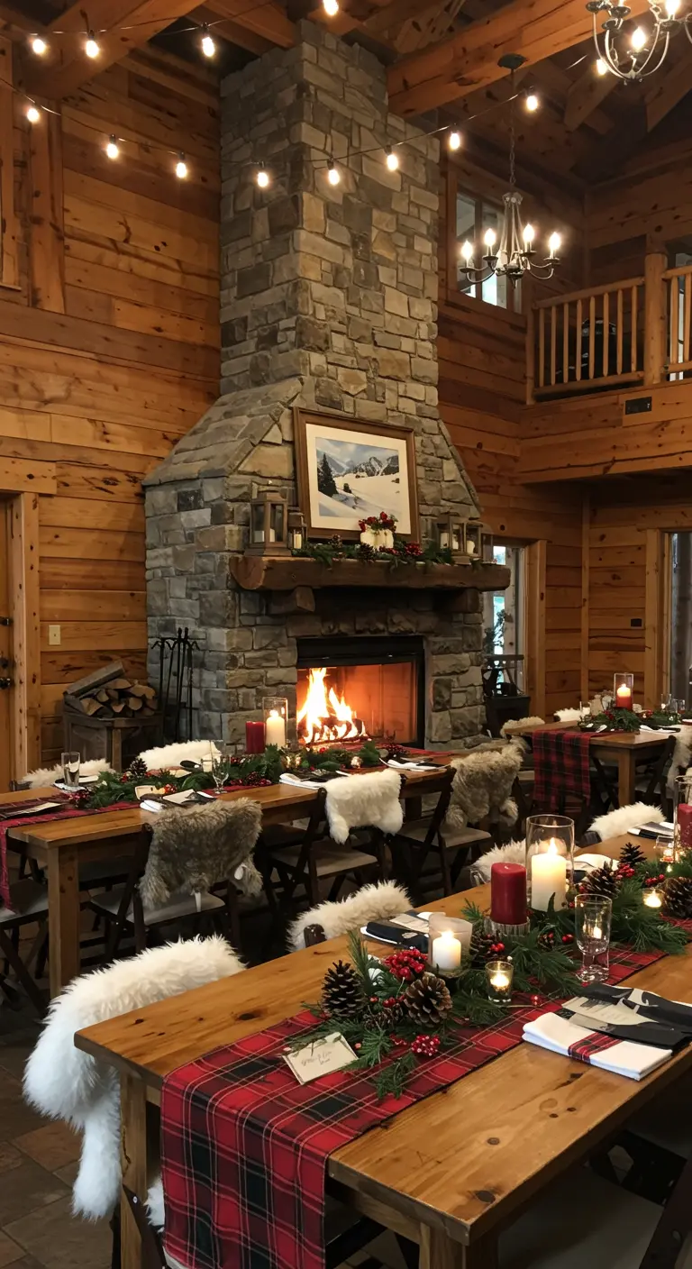 Houten lodge interieur met open haard, gedekte tafels met plaid en kerstdecoratie.