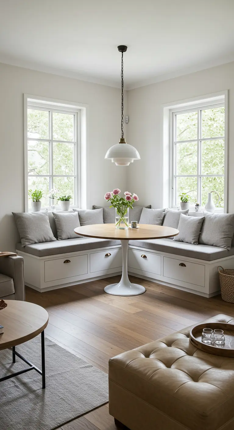 Lichte eethoek in erker met ingebouwde bank, ronde witte tafel en hanglamp erboven.